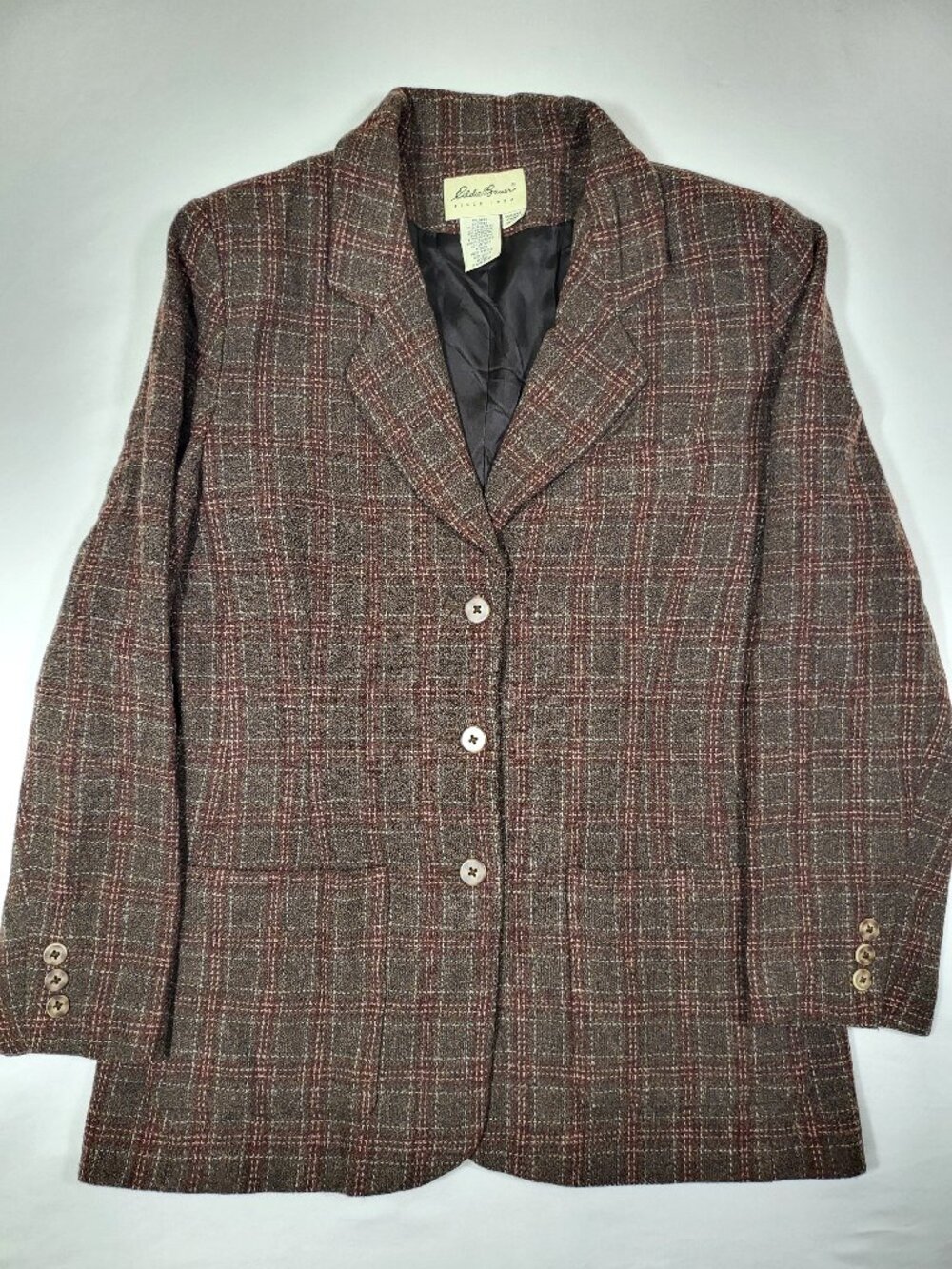 VTG Eddie Bauer Wool Lambswool Plaid Blazer Jacket Sz M Brown Red Dark Academia